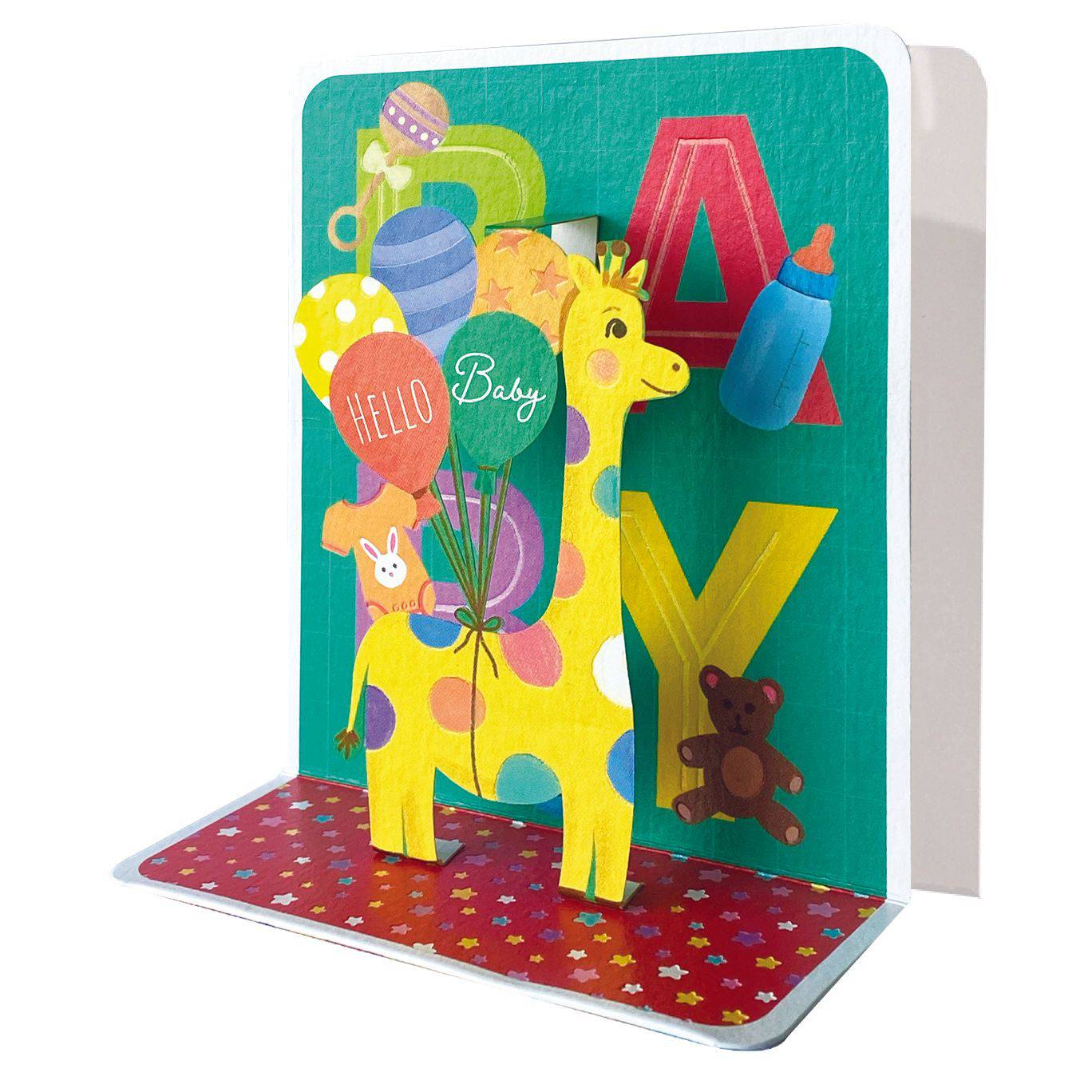 Hello Baby small pop-up card by Pictura featuring a colorful baby-themed design with intricate paper craftsmanship.